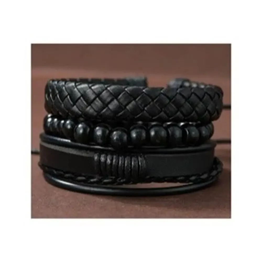 3pcs Men's Vintage Black Leather Woven Handmade Bracelet